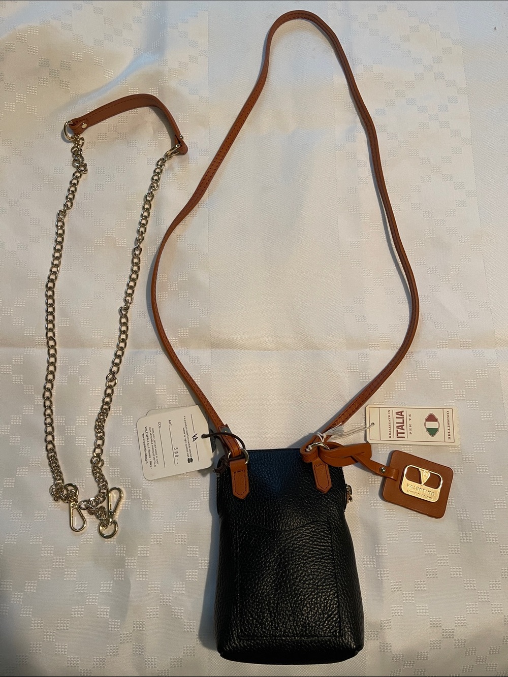 Valentina Black Leather Crossbody Bag with brown Trim. Made in Italy